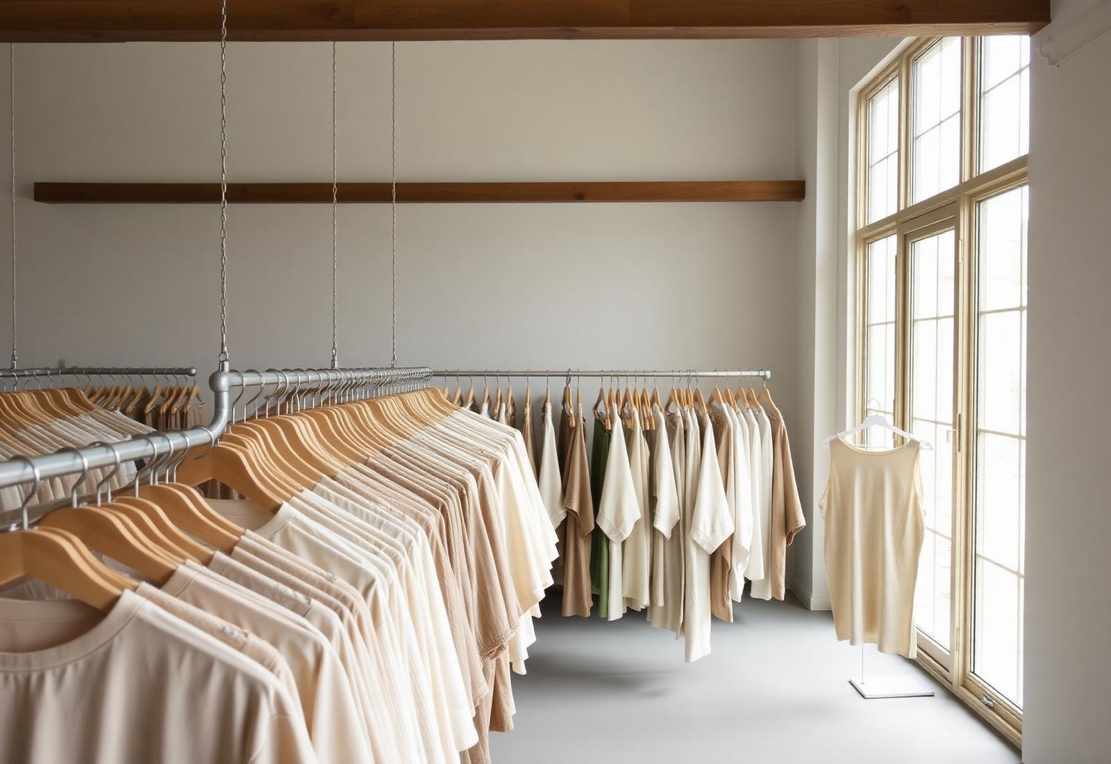 Organised garment production floor with fabric bolts in neutral tones